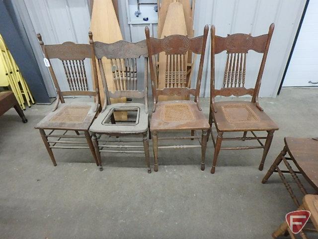 (6) wood chairs, not matching, need cleaning and one needs seat repair, All 6