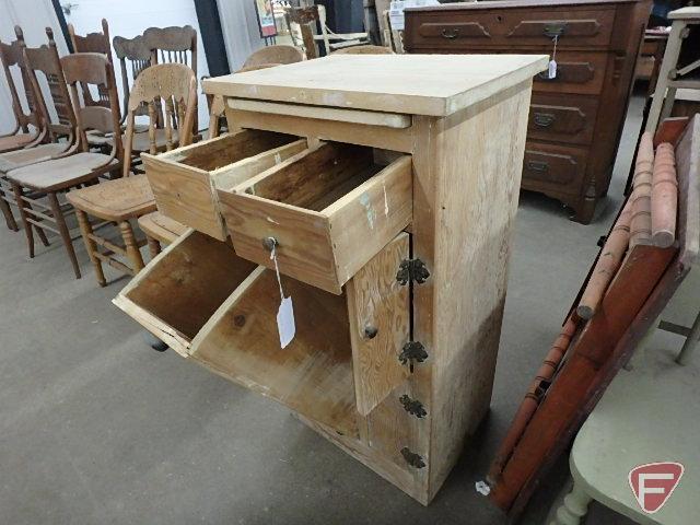 Wood cabinet, 2 drawers, 2 doors, one tilt out, 36inHx20inWx15inD needs repair and refinishing,