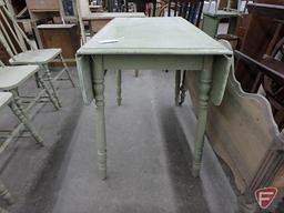 Painted green wood drop leaf table with (4) chairs, table is 20inx34in with leaves down,