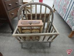 Assortment of wood items, magazine racks, book shelf, drawers, side tables,