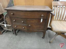 Vintage dresser/storage cabinet on wheels, 3 drawers, 1 door, 29inHx34inWx20inD