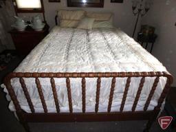 Bed set, wood headboard/footboard 55inW, ivory bedspread, pillows with shams, throw pillow,