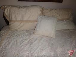 Bed set, wood headboard/footboard 55inW, ivory bedspread, pillows with shams, throw pillow,