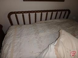 Bed set, wood headboard/footboard 55inW, ivory bedspread, pillows with shams, throw pillow,