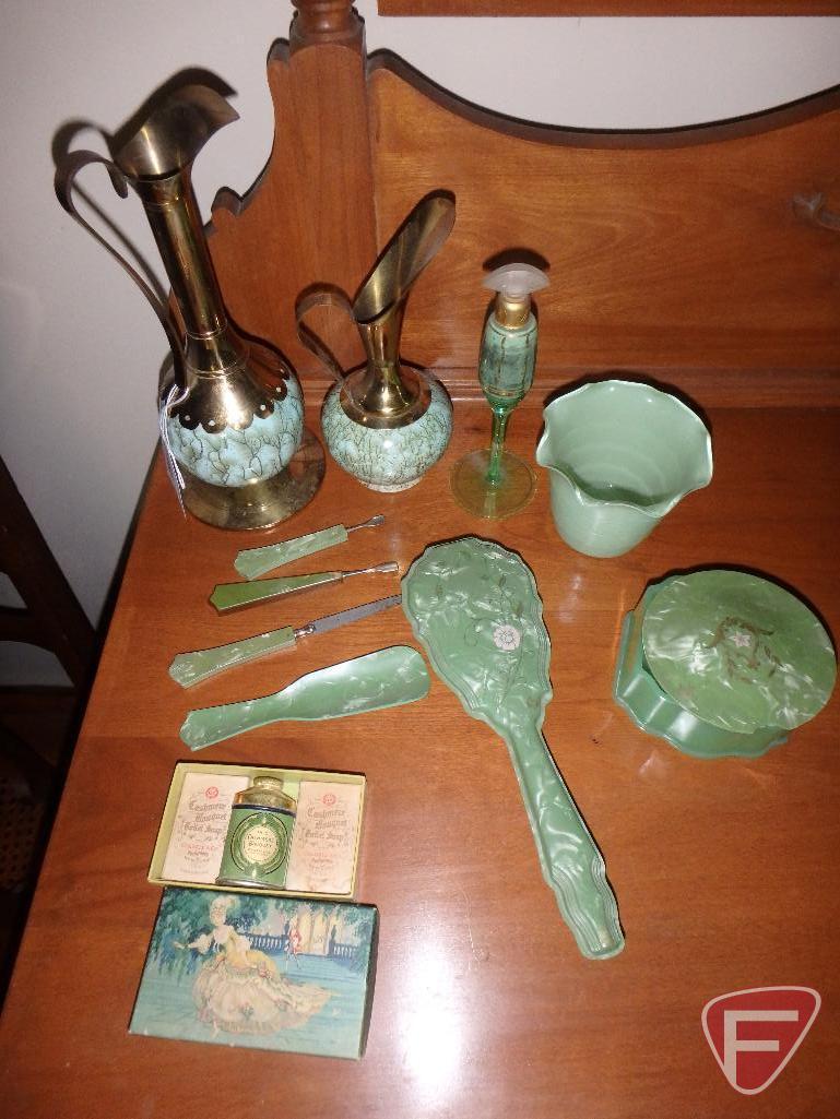 Vintage green items, trinket box, vase, brush, shoe horn, manicure items, pitchers, bath set,