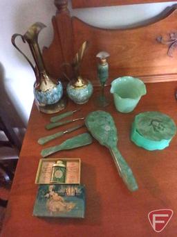 Vintage green items, trinket box, vase, brush, shoe horn, manicure items, pitchers, bath set,