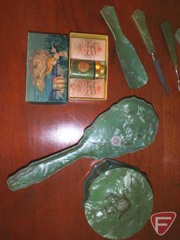 Vintage green items, trinket box, vase, brush, shoe horn, manicure items, pitchers, bath set,