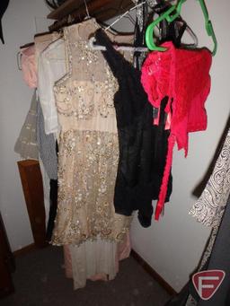 Vintage clothing, dresses, corsets, garters, shawl, hats, skirts, purses, and framed print