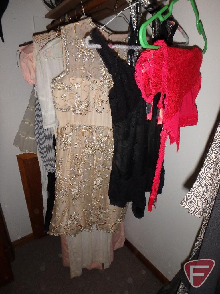 Vintage clothing, dresses, corsets, garters, shawl, hats, skirts, purses, and framed print