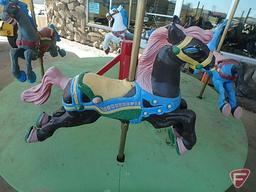 (4) horse merry-go-round, 97in round wood platform on metal base, poles are 48inH from base