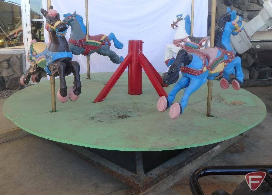 (4) horse merry-go-round, 97in round wood platform on metal base, poles are 48inH from base