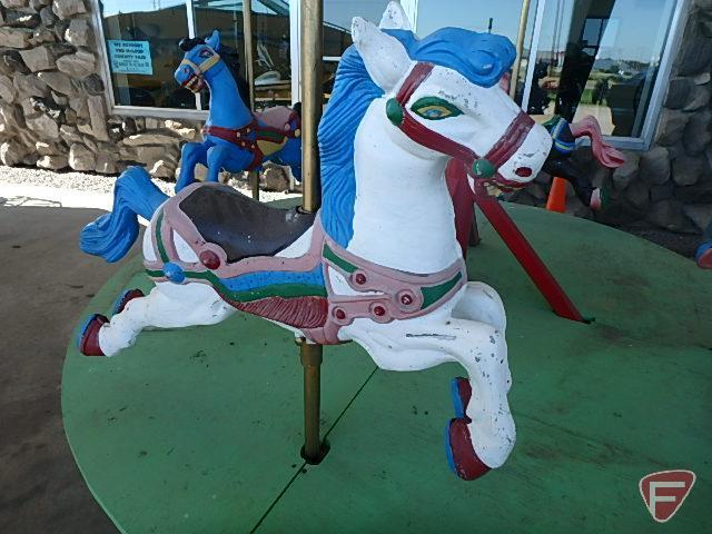 (4) horse merry-go-round, 97in round wood platform on metal base, poles are 48inH from base