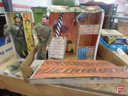 GI Joe dolls, wood storage box, clothing and accessories, including guns, space suits and wet suits