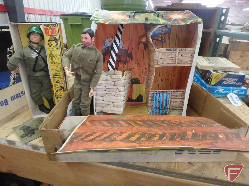 GI Joe dolls, wood storage box, clothing and accessories, including guns, space suits and wet suits