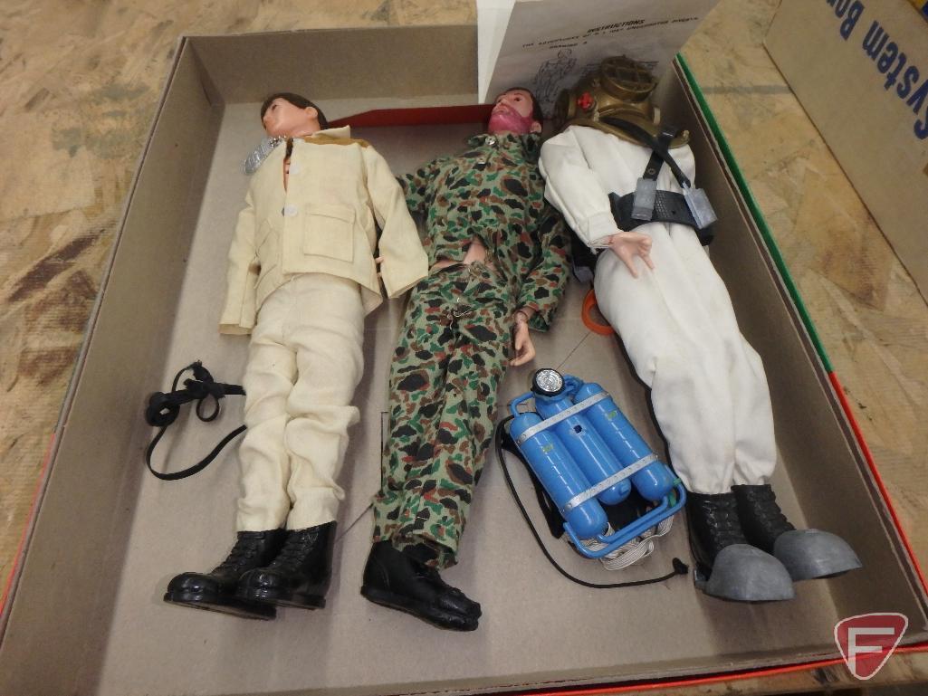 GI Joe dolls, wood storage box, clothing and accessories, including guns, space suits and wet suits