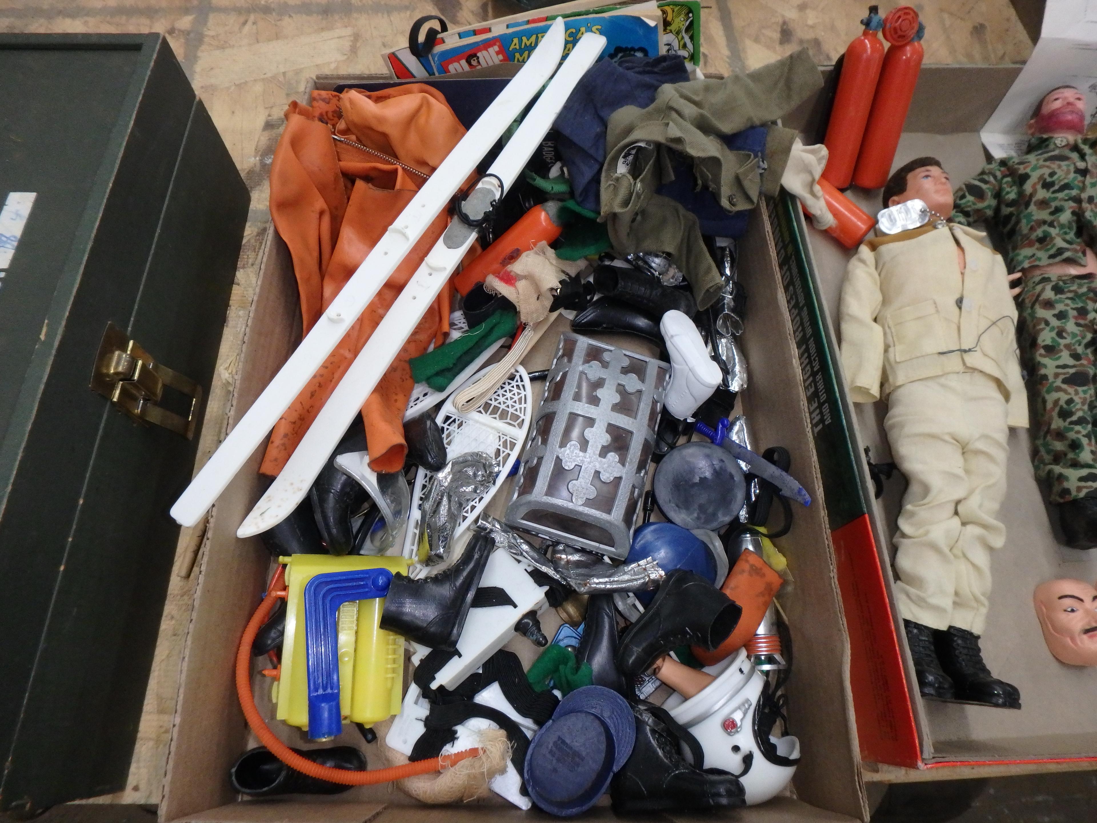GI Joe dolls, wood storage box, clothing and accessories, including guns, space suits and wet suits