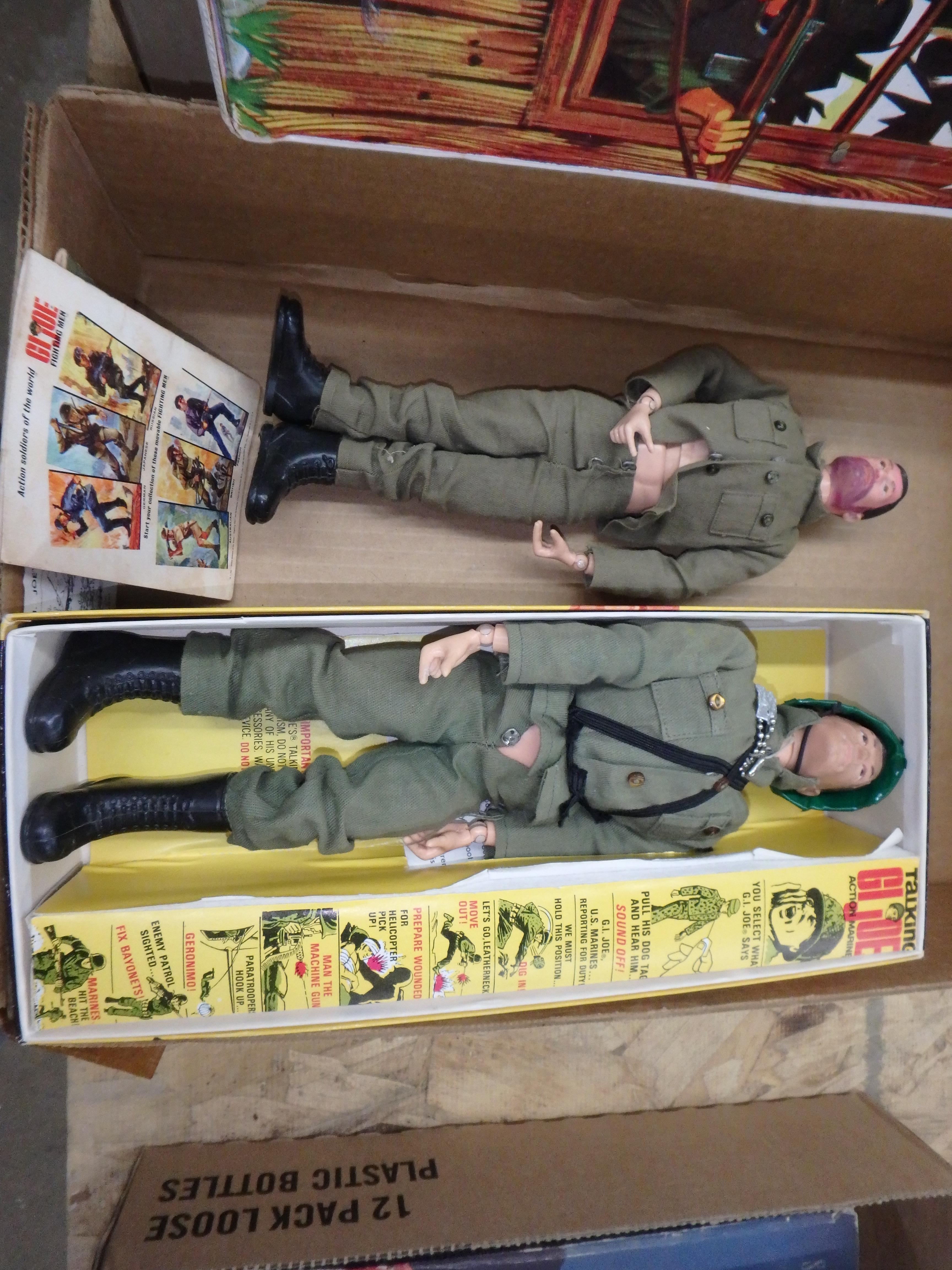 GI Joe dolls, wood storage box, clothing and accessories, including guns, space suits and wet suits