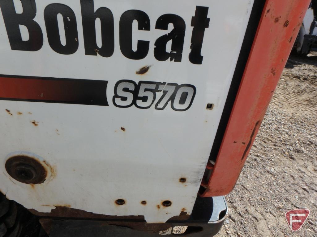 2013 Bobcat S570 skid loader, 2282 hours, cab, heat A/C, radio, 2-speed, foot controls, sn A7U712165