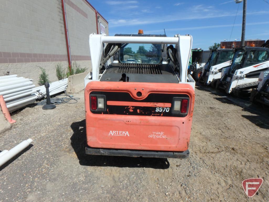 2013 Bobcat S570 skid loader, 2282 hours, cab, heat A/C, radio, 2-speed, foot controls, sn A7U712165