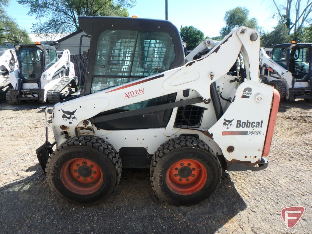 2013 Bobcat S570 skid loader, 2282 hours, cab, heat A/C, radio, 2-speed, foot controls, sn A7U712165