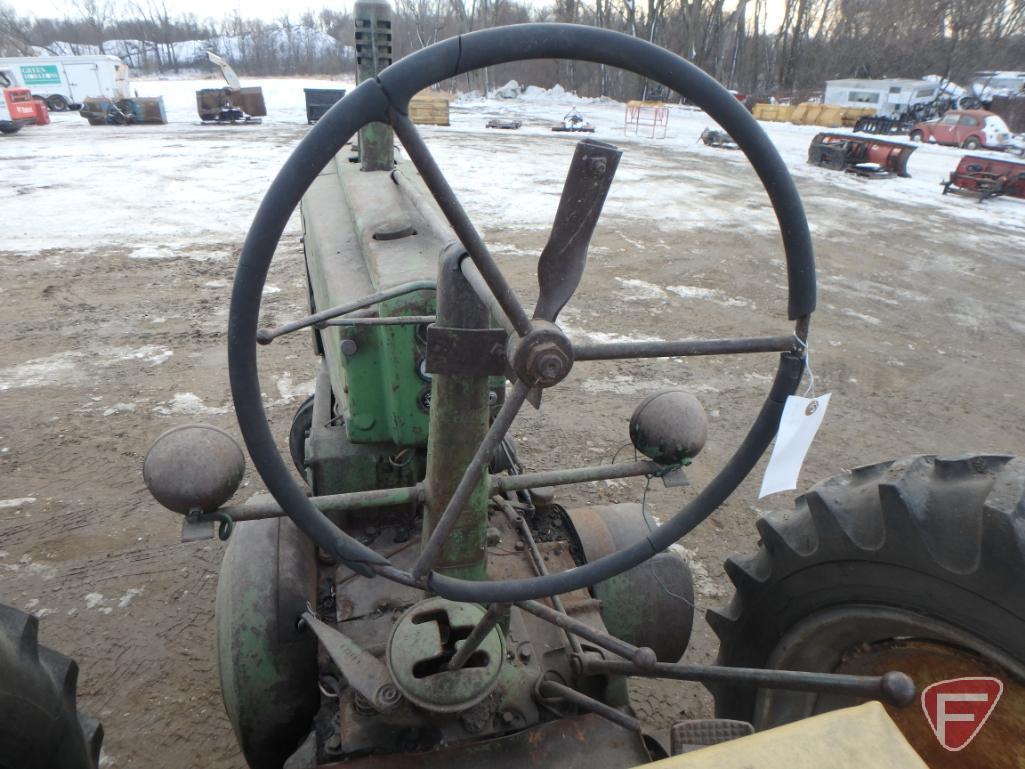 1949 John Deere A tractor sn 612824, narrow front, streamlined, battery seat, roll-o-matic