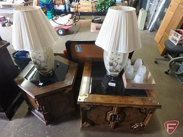 (2) matching end tables with storage and glass tops, one 29in square, one 28in hexagon,