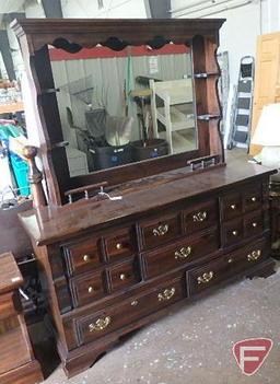 Wood dresser/storage cabinet with hutch-style mirror, 2pc, 8 drawers, 74inHx66inWx19inD, and