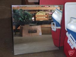 Red/black folding card table, Igloo chest cooler, plastic water jugs, Little Playmate cooler, ice