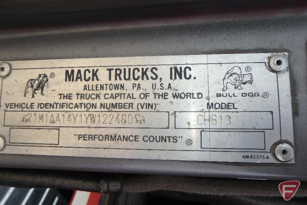 2000 Mack CH613 Semi Truck, VIN # 1M1AA14Y1YW122480