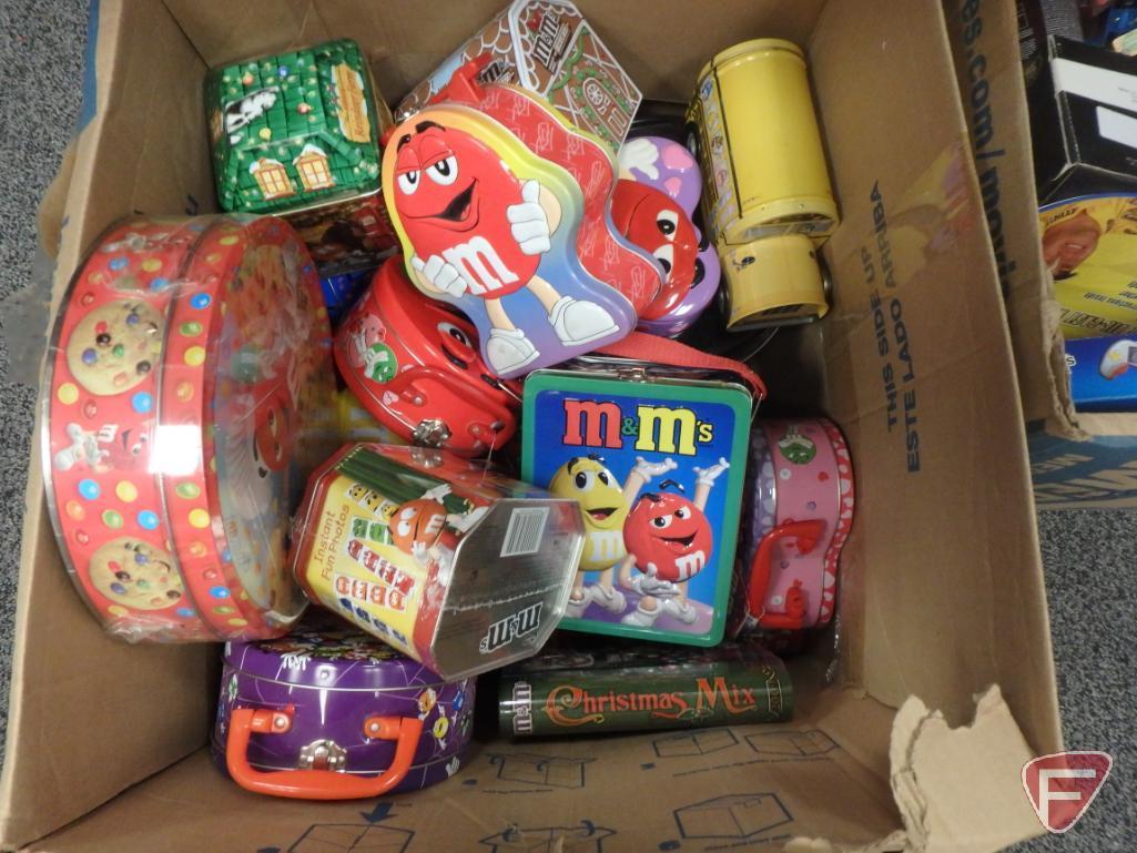 M&M items, tins, mugs, ornaments, travel game, plush toys, dispensers, small toys,