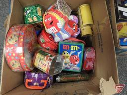 M&M items, tins, mugs, ornaments, travel game, plush toys, dispensers, small toys,