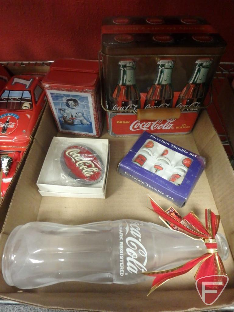 Coca-Cola items, electric train set, throw, soft-sided cooler, plush toys, pewter miniatures,