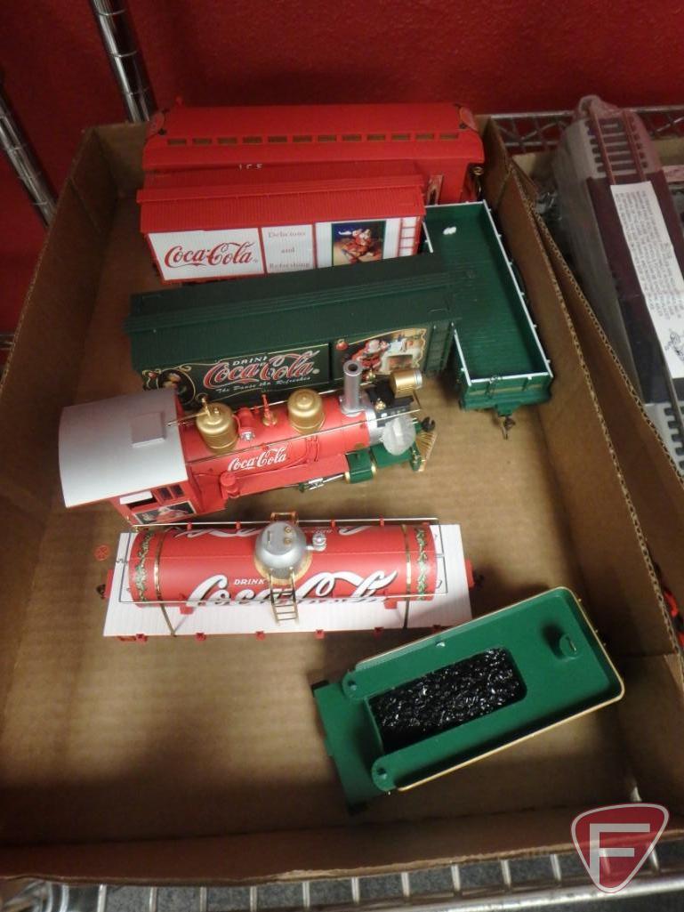 Coca-Cola items, electric train set, throw, soft-sided cooler, plush toys, pewter miniatures,