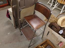 (4) metal folding chairs, not all matching, metal step stool, GE box fan, painted wood wall shelf,