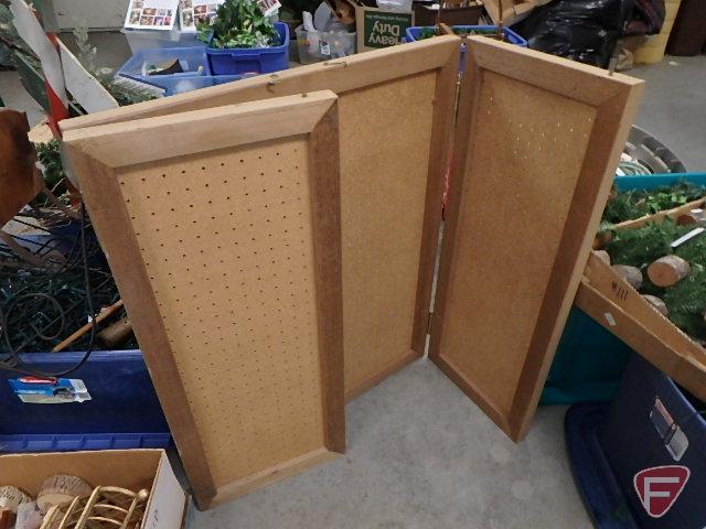 Craft and Holiday items, wicker baskets, 3 panel pegboard display, terracotta pots, outdoor signs