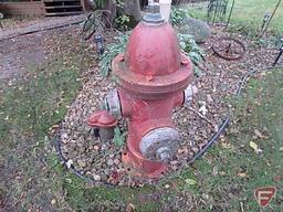 Cast iron Mueller fire hydrant, bird houses, wind chimes, (3) metal wheels, tricycle plant holder