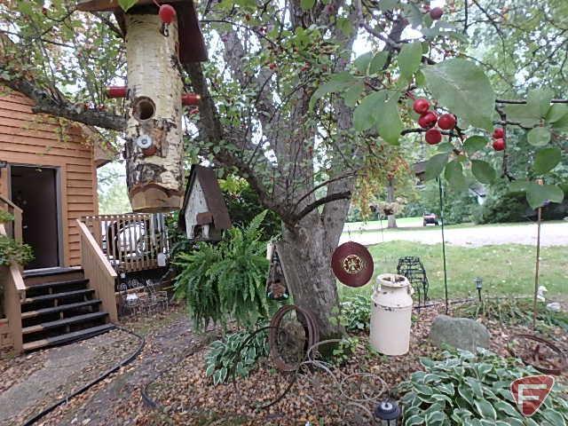 Cast iron Mueller fire hydrant, bird houses, wind chimes, (3) metal wheels, tricycle plant holder