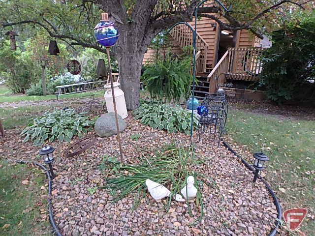 Cast iron Mueller fire hydrant, bird houses, wind chimes, (3) metal wheels, tricycle plant holder