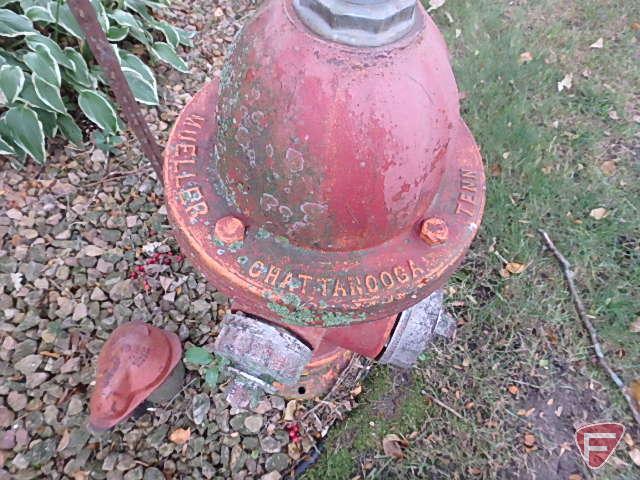 Cast iron Mueller fire hydrant, bird houses, wind chimes, (3) metal wheels, tricycle plant holder