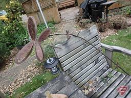 Wood 2person gliding bench, (2) metal yard ornaments, rain gauge