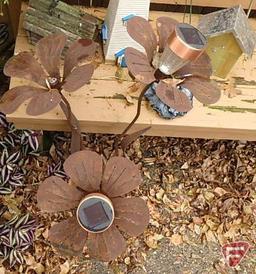 Outdoor decorations: solar lights in metal sculpture, birdhouse, solar lighthouse, lady bug house