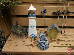 Outdoor decorations: solar lights in metal sculpture, birdhouse, solar lighthouse, lady bug house