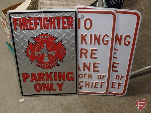 (3) metal signs, Firefighter Parking Only and (2) No Parking Fire Lane. 3 pieces.
