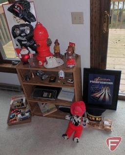 Firefighter decorative items, figurines, framed prints, wood fire engine, hat, plush toy,