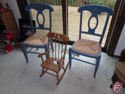 (2) Painted wood chairs with rattan seats and childs wood rocking chair. 3 pieces.