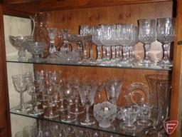 Glassware, stemware, candy dishes, pitcher, cream/sugar, plates, vases, snowman mugs,