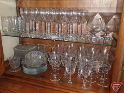 Glassware, stemware, candy dishes, pitcher, cream/sugar, plates, vases, snowman mugs,