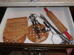 Kitchen utensils, wood trivets, Bamix of Switzerland wand mixer, West Bend electric wok,
