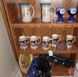 Steins, stoneware mugs, Renaissance Festival stoneware challis, Chinese stress balls in case,