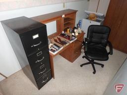 Wood desk with hutch, 51inHx48inWx24inD, 4 drawer metal filing cabinet, and black office chair.